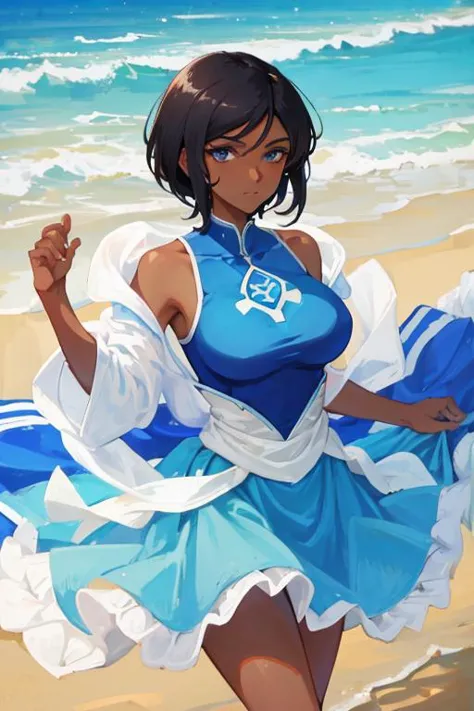 a painting of a woman in a blue dress on a beach