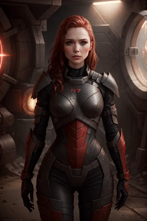 ((best quality)), ((masterpiece)), (detailed) cowboy shot, commandershepard elizabeth_olsen wearing black n7armor with omniblade standing in a spaceship, very skinny, slender fit body, small breasts, red hair, ("glowing red cracks":1.2)
realistic skin, dramatic lighting, ultra realistic, carbon fiber armor, armor shine, wallpaper, intricate, sharp focus, ray tracing, rtx, professionally color graded, professional photography, 4k, 8k, raw 
<lora:n7armor:0.3>, <lora:elizabeth_olsen_v3:0.4>, <lora:Cracked Skin:0.2>, <lora:epi_noiseoffset2:0.5>,, detailed skin texture, (blush:0.2), (goosebumps:0.3), subsurface scattering