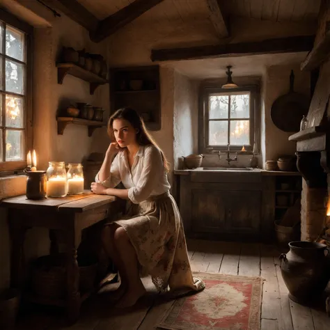 arafed woman sitting at a table with candles in a kitchen