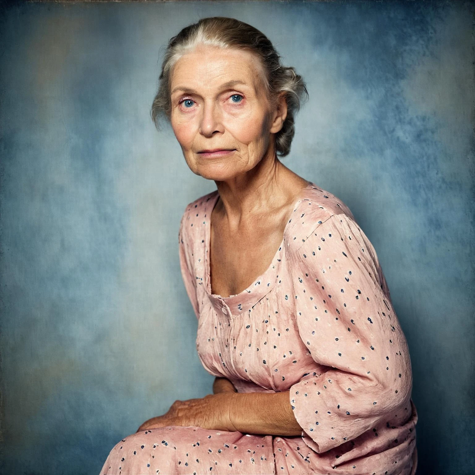 Foto CRU, retrato de uma mulher bonita de 70 anos, Rosto enrugado, vestido rosa de verão, totalmente afiado, rosto detalhado, olhos azuis, (pele altamente detalhada:1.2), 8k hd, DSLR, iluminação suave, alta qualidade, grão de filme, Fujifilm XT3 ele está sentado em uma sala escura e mal iluminada, Estilo Chiaroscuro