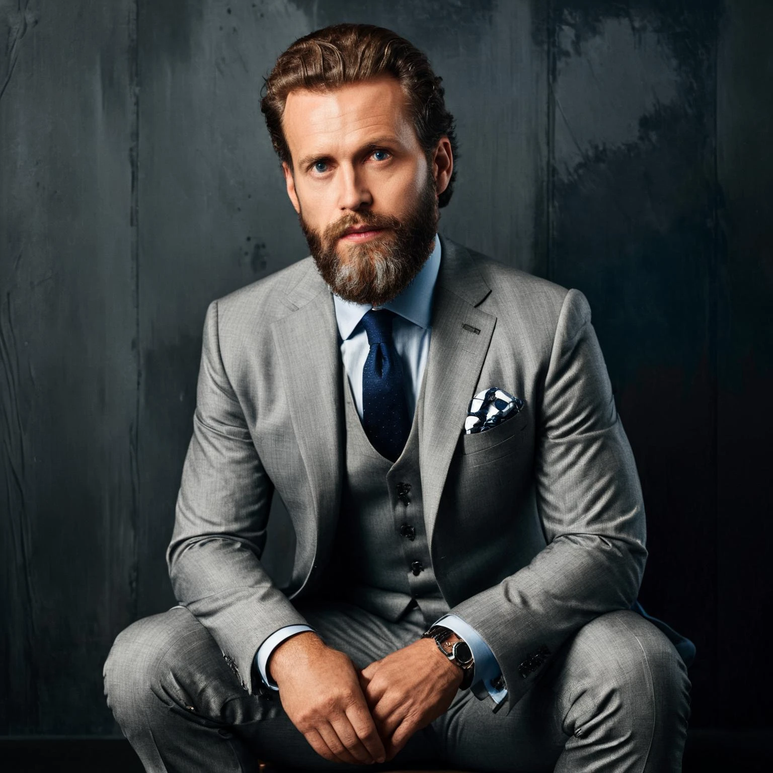 RAW photo, portrait of a beautiful man with a beard in a grey suite, full sharp, detailed face, blue eyes, (high detailed skin:1.2), 8k uhd, dslr, soft lighting, high quality, film grain, Fujifilm XT3 he is sitting in a dim lit dark room, chiaroscuro style