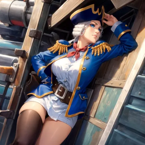 anime - style woman in a blue uniform leaning against a wall