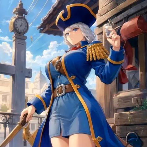 anime girl in blue outfit holding a sword and a clock