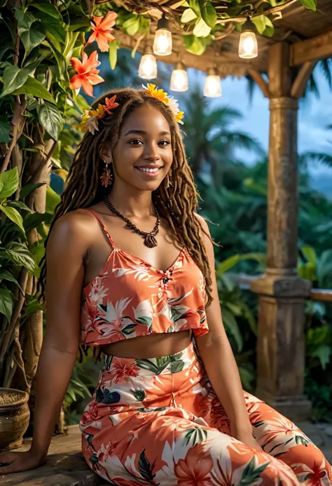 (medium full shot) of (tropical young woman), african, dark skin, brown eyes, average build, medium brown dreadlocks hair,  wear...