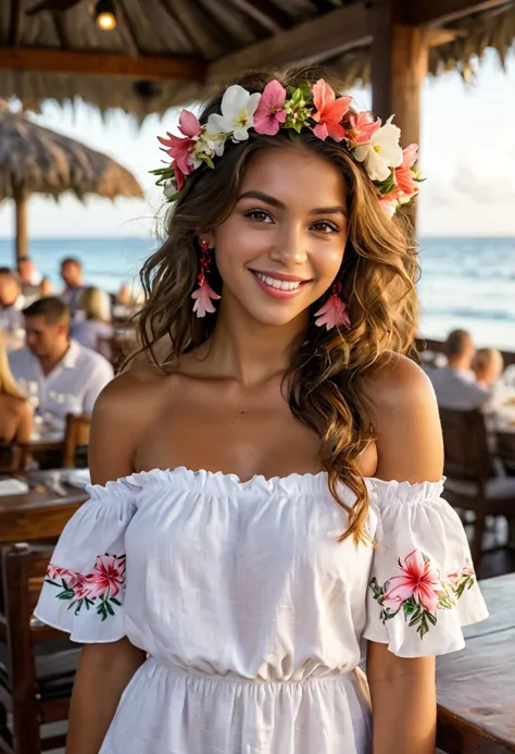 (medium full shot) of (carefree young woman), brazilian, tan skin, hazel eyes, voluptuous build, long brown side-swept hair,  we...