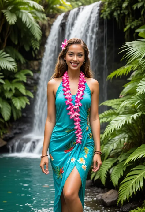 (medium full shot) of (vibrant hawaiian young woman), italian, tan skin, green eyes, slim build, long hazel retro hair,  wearing a turquoise sarong dress, flower lei, sandals, beaded bracelet, pink lipstick, wearing a , set in hawai, in  Tropical Garden Waterfall, cascading waterfall into a clear pool, surrounded by ferns and palm trees, the sound of water filling the air, woman smiling, Masterpiece,best quality, photo, realistic, very aesthetic, detailed face,