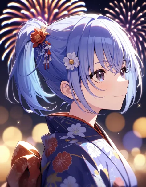 h_suzuki, 1girl, blue hair, smile, medium hair, night, outdoor, looking up, indoor, closed mouth, bangs, blush, upper body, japanese clothes, kimono, obi, ponytail, hair ornament, flower ornament, aerial fireworks, fireworks, from side, sparkle, depth of field, bokeh, blurry
masterpiece, best quality, very aesthetic, absurdres <lora:a31_h_suzukiXL:1>