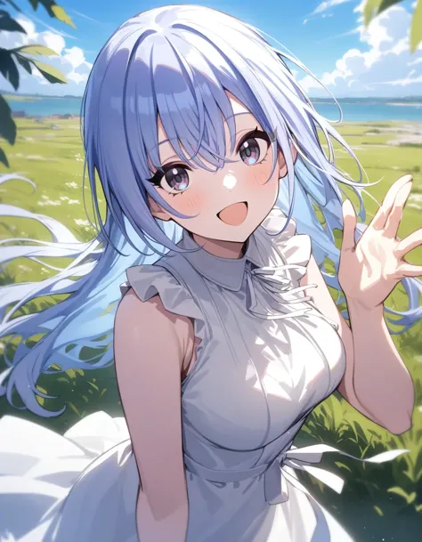 anime girl with blue hair and white dress in a field