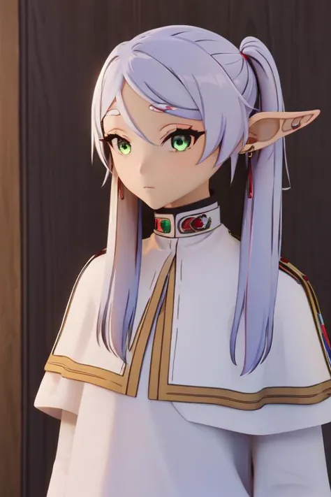 ((masterpiece)), (best quality), highres, ultra-detailed, absurdres,
 <lora:JibakuFrierenv2:0.8> , frieren, 1girl, earrings, elf, long hair, pointy ears, solo, twintails, green eyes, earrings, white hair, looking at viewer, capelet, white capelet, white sleeves, long sleeves, standing, upper body, 
 <lora:vicineko3:1>