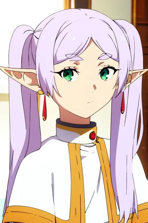 ((masterpiece)), (best quality), highres, ultra-detailed, absurdres,
 <lora:JibakuFrierenv2:0.8> , frieren, 1girl, earrings, elf, long hair, pointy ears, solo, twintails, green eyes, earrings, white hair, looking at viewer, capelet, white capelet, white sleeves, long sleeves, standing, upper body, 
 <lora:Ufussy:0.7>, ufotable style, anime coloring, anime screencap,