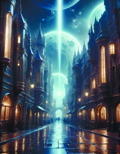 a painting of a city street with a large building and a star in the sky