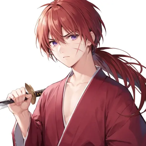 kenshin rk, solo, long hair, looking at viewer, simple background, long sleeves, 1boy, white background, holding, hair between eyes, closed mouth, purple eyes, collarbone, ponytail, weapon, male focus, japanese clothes, sword, wide sleeves, kimono, holding weapon, sketch, scar, holding sword, katana, sheath, hakama, scar on face, sheathed, serious, red kimono, scabbard, unsheathing, scar on chest, ready to draw