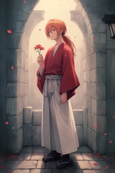 <lora:Kenshin_RK-10:1>  kenshin rk, solo, long hair, 1boy, ponytail, flower, red kimono, male focus, japanese clothes, petals, s...