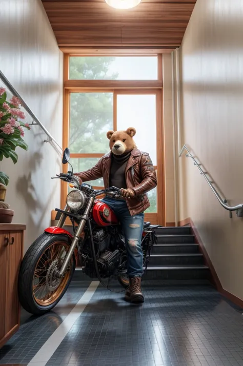 arafed bear in a leather jacket sitting on a motorcycle