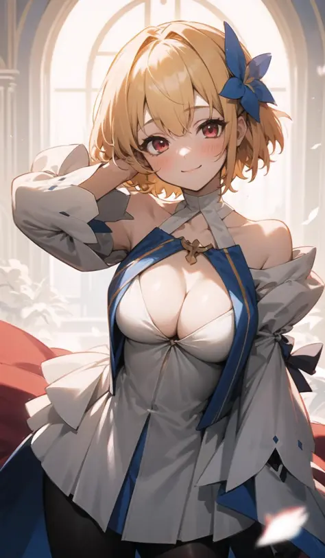 archetype hairstyle, outfit-archetype, 1girl, breasts, red eyes, blonde hair, smile, solo, looking at viewer, bangs, short hair, white flower, blush, large breasts <lora:outfit-archetype_earthv2-pynoise:1>