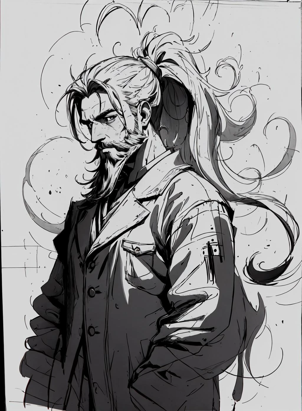 a man with a long hair and a beard with a ponytail in his hair, looking down at something, Eizan Kikukawa, trending on art station, a digital painting, digital art  , 