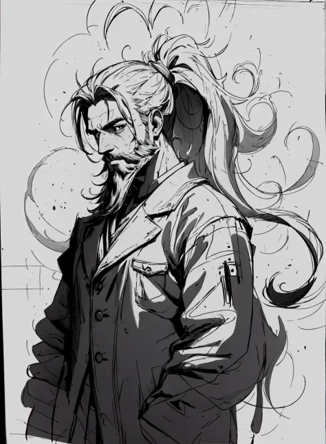 a man with a long hair and a beard with a ponytail in his hair, looking down at something, Eizan Kikukawa, trending on art stati...
