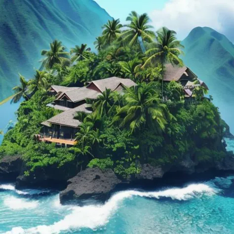 arafed island with a house on top of it surrounded by palm trees