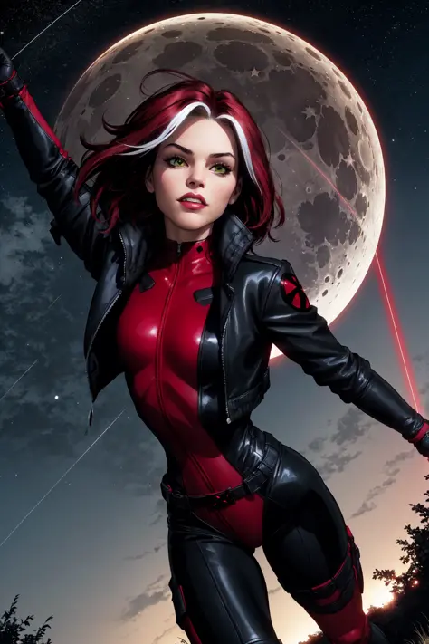 Rogue,looking at viewer, short hair, Xtreme,jacket, sky, teeth, red and black bodysuit, red bodysuit, night, moon, grass, star (...