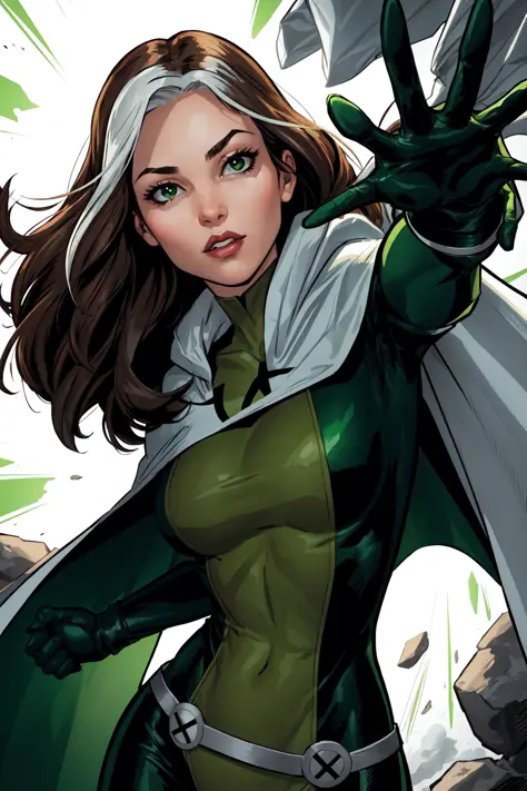 Rogue,  green and white bodysuit, large breasts, cape, clenched hand, cloak, specular highlights, Rogue of the X-men, dynamic an...