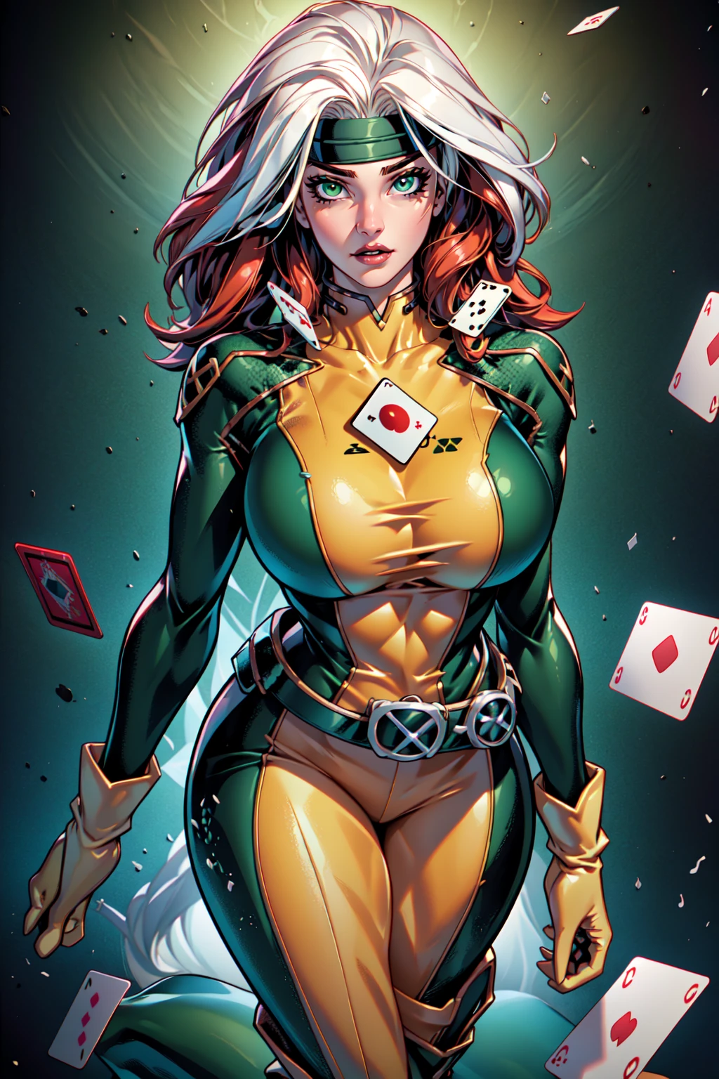 Savage, Classic, Southern Belle, Superhero, Rogue, Xtreme, looking at viewer, large breasts, boots, parted lips, belt, lips, headband, lipstick, card, playing card, spade, (shape), dyed bangs, green bodysuit, EarthPorcelain, 