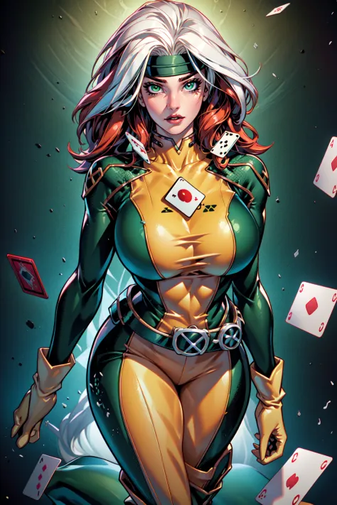 Savage, Classic, Southern Belle, Superhero, Rogue, Xtreme, looking at viewer, large breasts, boots, parted lips, belt, lips, headband, lipstick, card, playing card, spade, (shape), dyed bangs, green bodysuit, EarthPorcelain, <lora:RogueRetrain:1>