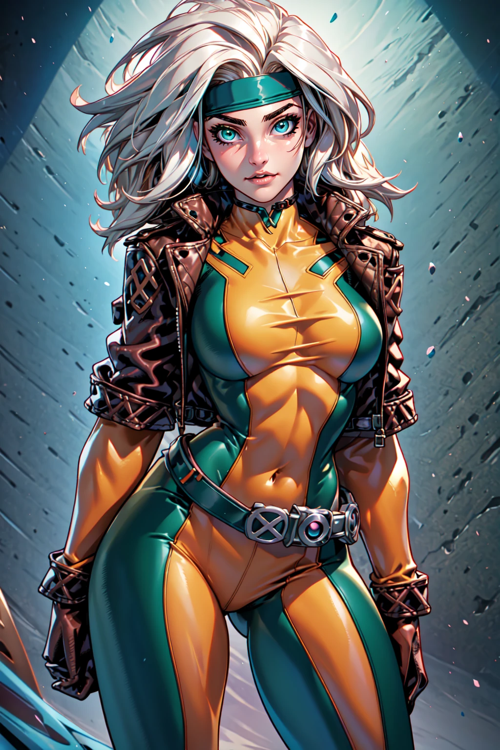 Savage, Classic, Southern Belle, Superhero, Rogue, Xtreme, breasts, blue eyes, medium breasts, jacket, open clothes, belt, open jacket, covered navel, headband, cropped legs, leather, leather jacket, green bodysuit, EarthPorcelain, 