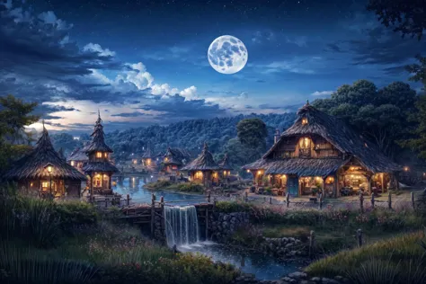 a close up of a small village with a waterfall and a full moon