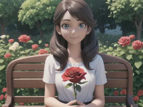 anime girl sitting on a bench with a rose in her hand