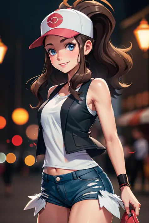 centered, award winning upper body portrait, cowboy shot, (looking at viewer:1.2), | solo, smile,  def1, | city, urban scenery, city lights,| bokeh, depth of field, cinematic composition, |  dynamic pose,   
 <lora:hilda1-000010:1>