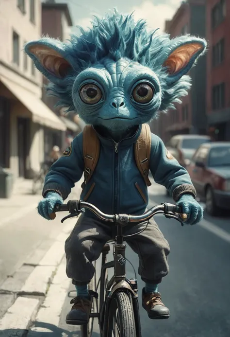 cute fluffy alien with multiple eyes on it's head, riding a bicycle <lora:novuschroma28 style_photo:0.8> novuschroma28 style <lo...