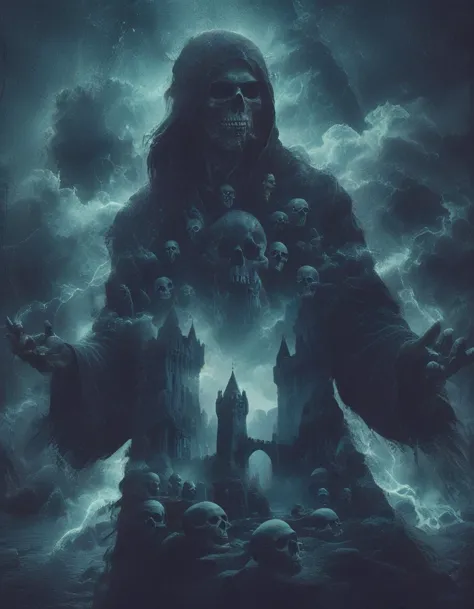 necromancer nazgul black robe overlay death, castle, skulls <lora:aidmadoubleexposure-v0.1:1> <lora:novuschroma28 style_drawn:1>...