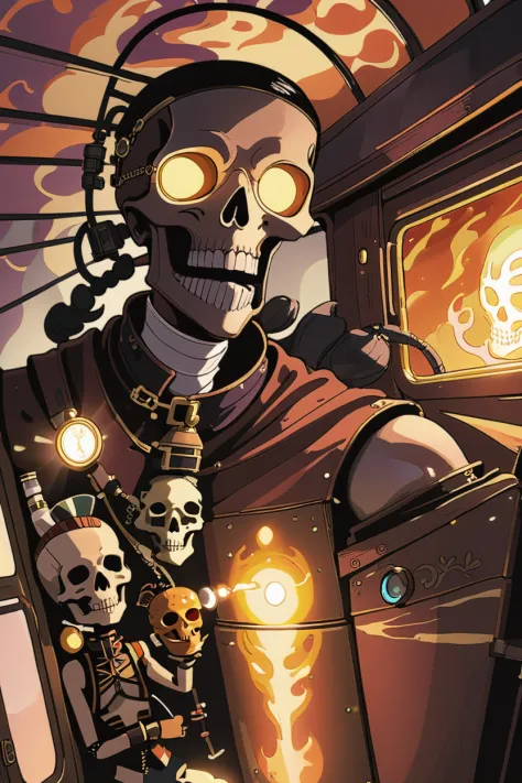 a cartoon image of a skeleton with a gun and a clock