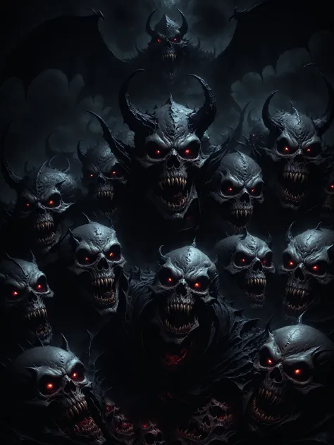 a group of demonic skulls with red eyes and fangs