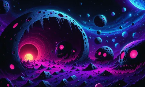 a painting of a space scene with a purple and blue light