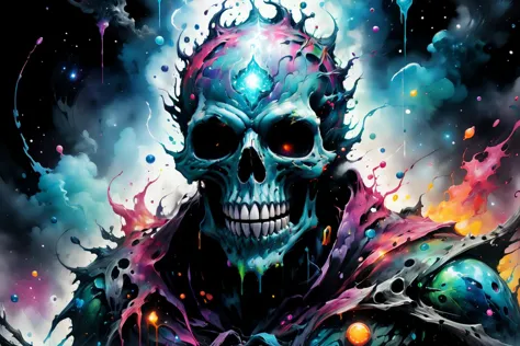 a painting of a skull with a glowing face and a large head