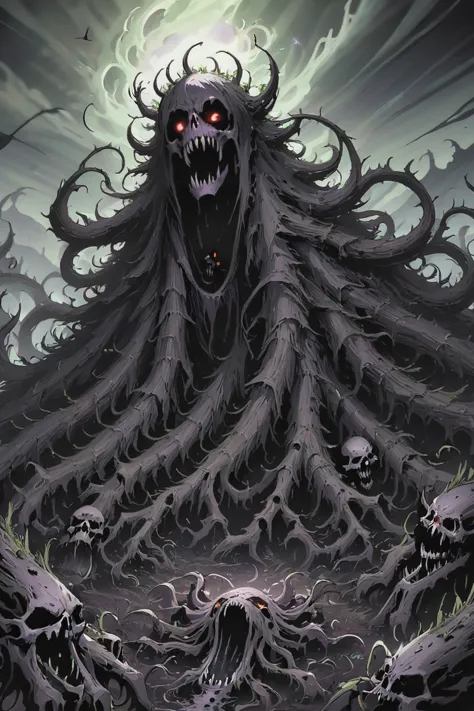 a close up of a monster with a large head surrounded by many smaller monsters