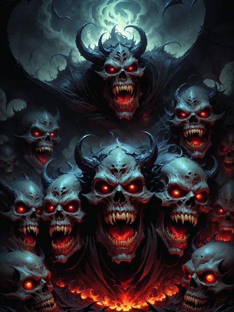 a group of demonic skulls with glowing eyes and fangs