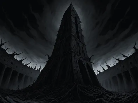 a dark tower with a sky background and a dark sky