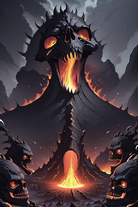 a poster of a demonic monster with glowing eyes and a fire