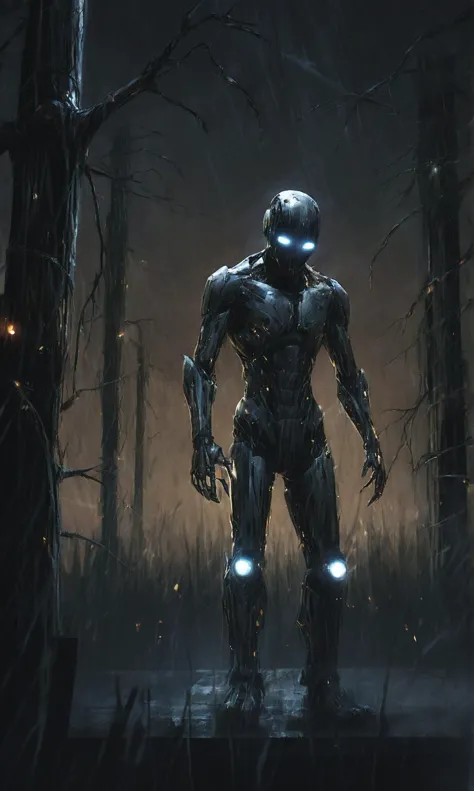 a robot standing in a forest with a light on his head