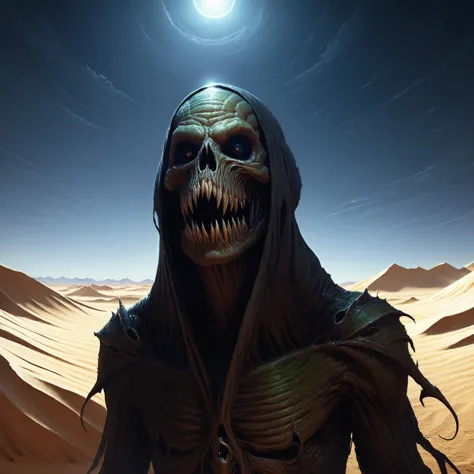 a close up of a person in a desert with a skull on their head