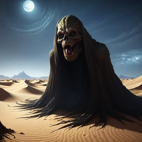 a close up of a creature in a desert with a full moon