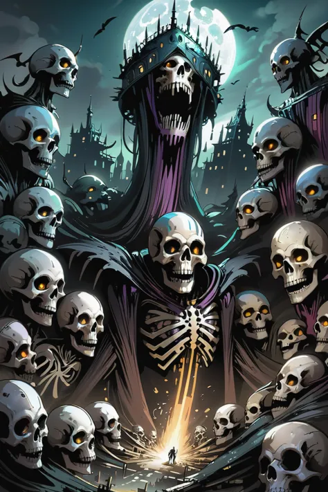 a poster of a skeleton with a large group of skulls surrounding it