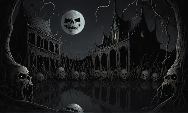 a dark and creepy scene with a castle and a full moon