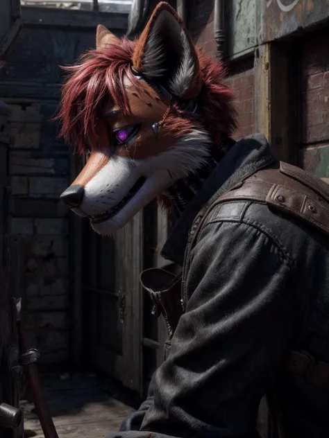 Masterpiece, Realistic, best ultra quality, perfect intricate details, RAW Photo, detailed cinematic lighting, detailed background, ray tracing, rtx, cgi,
BREAK
male, fox, red hair, purple eye, detroit refugee, sad cry, boot, ragged pants, android, animatronic,