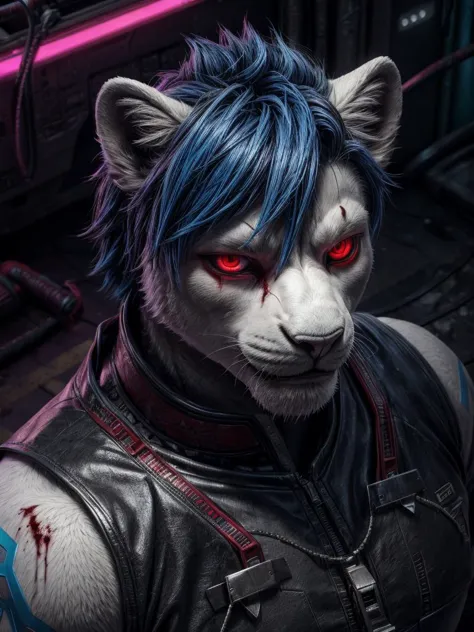 Masterpiece, Realistic, best ultra quality, perfect intricate details, RAW Photo, detailed cinematic lighting, detailed background, ray tracing, rtx, cgi,
BREAK
male white lion, kemono, blue hair, red eye, black neon tech suit, top angle view, look at viewer, stare, cyberpunk, medium hairstyle, menacing, smile, buff, spill blood,