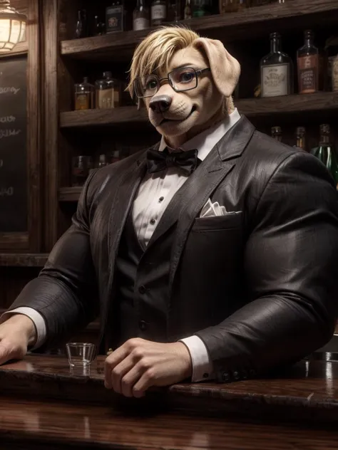 Masterpiece, Realistic, best ultra quality, perfect intricate details, RAW Photo, detailed cinematic lighting, detailed background, ray tracing, rtx, cgi,
BREAK
big muscle, big muscle, bartender Labrador, glasses, male, short hairstyle, blonde hair, tuxedo...