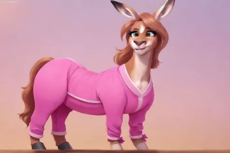 \Queen'sStallion\  kangaroo mom,  pink outfit, brown fur,