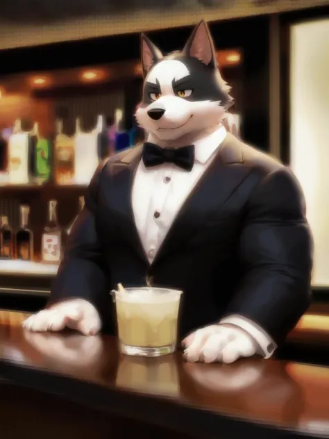 Big Muscle, white fur, dog, kemono, male, hair, tuxedo, behind counter, bar, cgi, photo, realism, nice angle, serve drink, pov